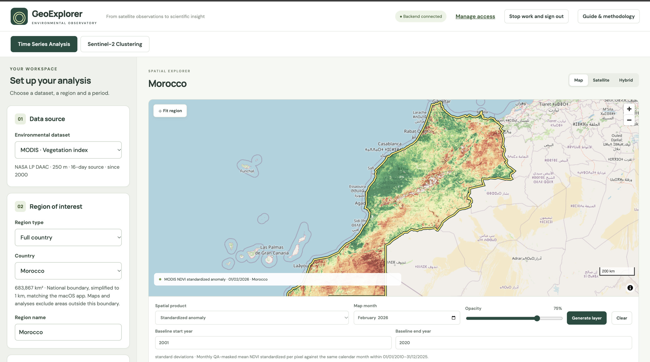 Morocco MODIS standardized NDVI anomaly for February 2026.