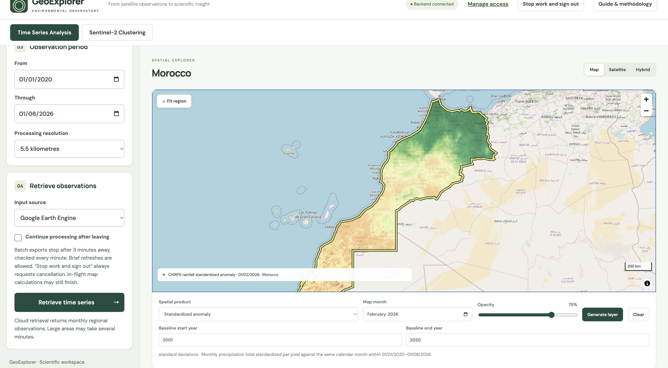 Morocco CHIRPS standardized rainfall anomaly for February 2026.