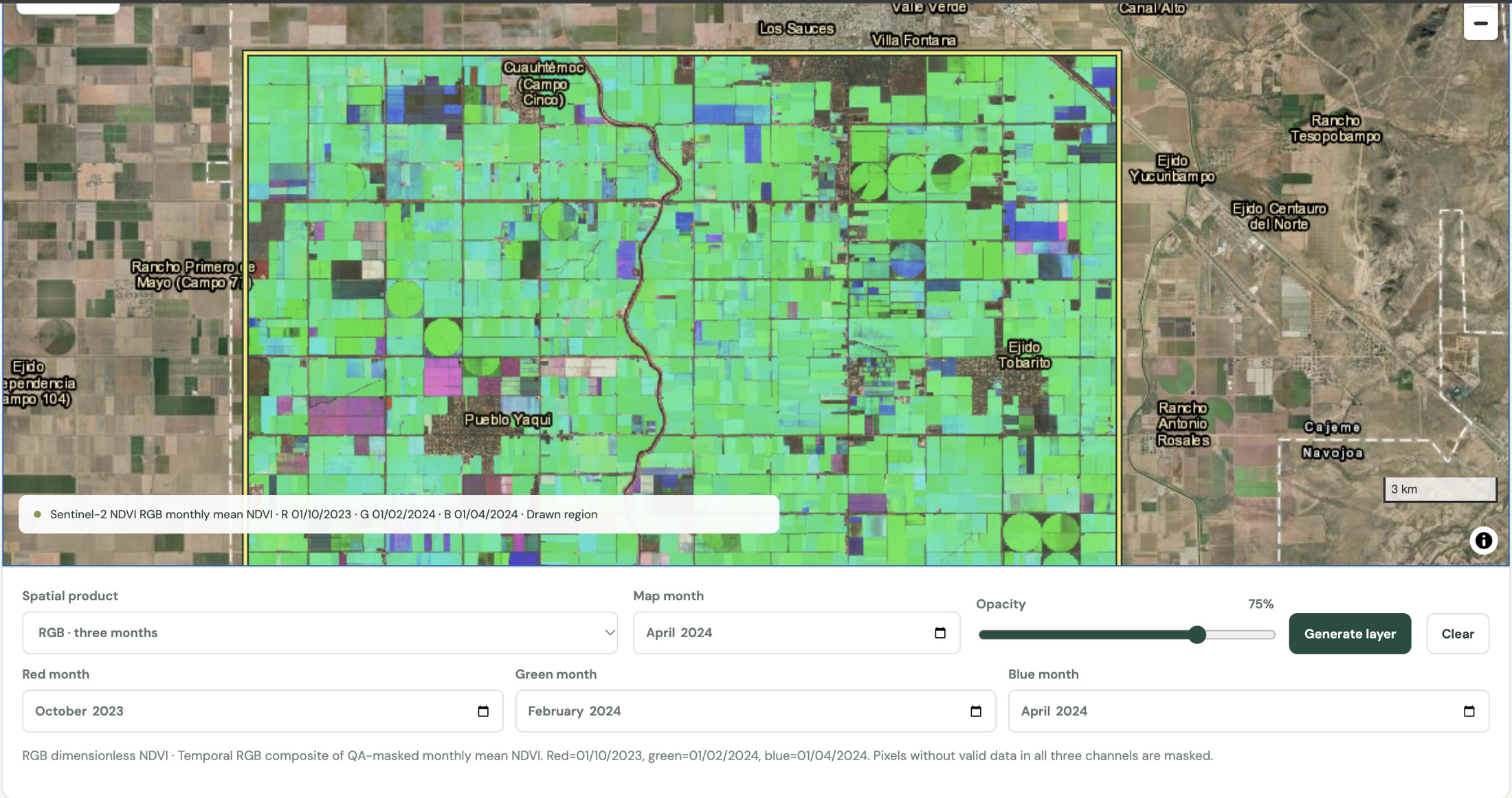 Yaqui Valley temporal NDVI RGB composite for October 2023, February 2024 and April 2024.