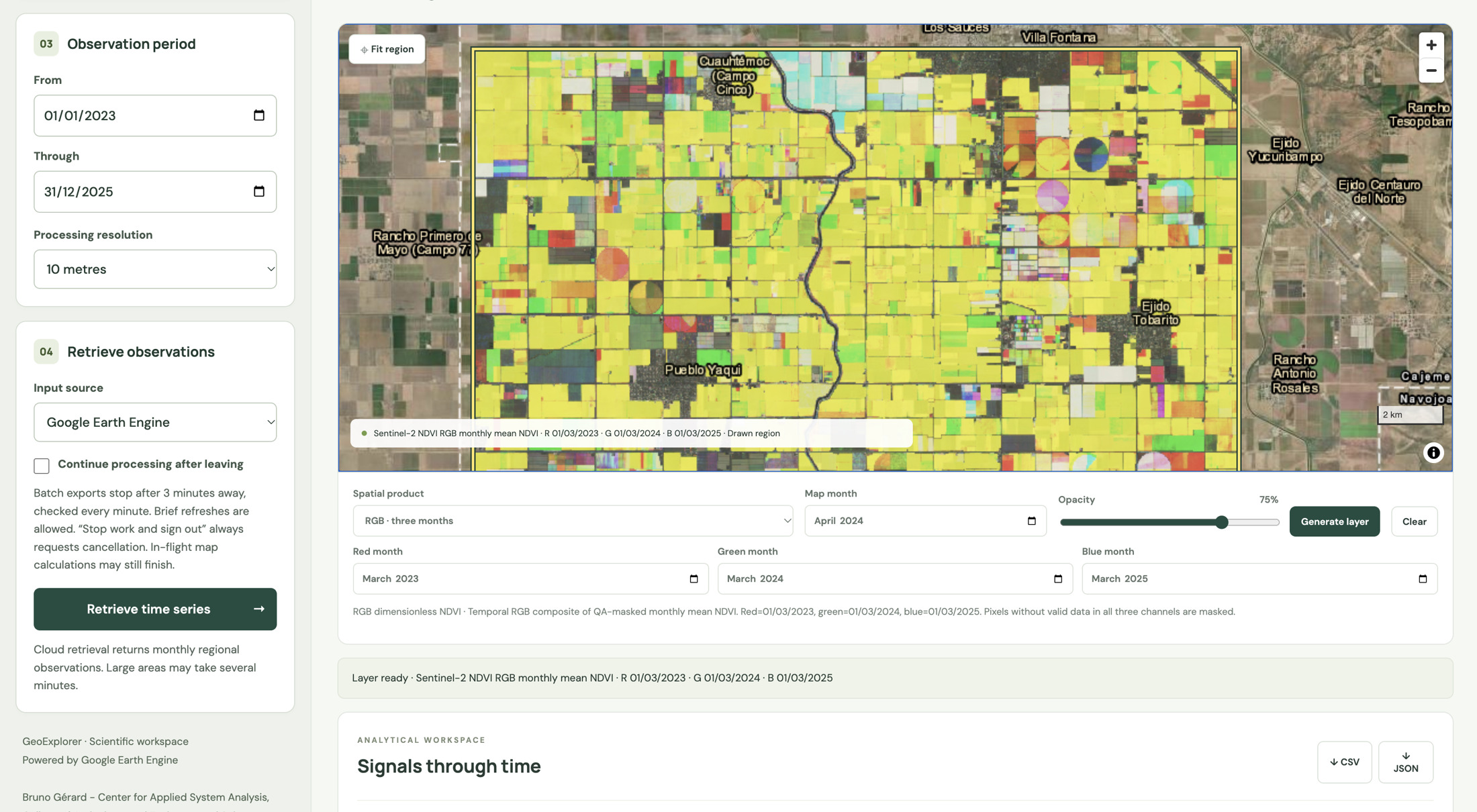 Yaqui Valley temporal NDVI RGB composite comparing March 2023, March 2024 and March 2025.