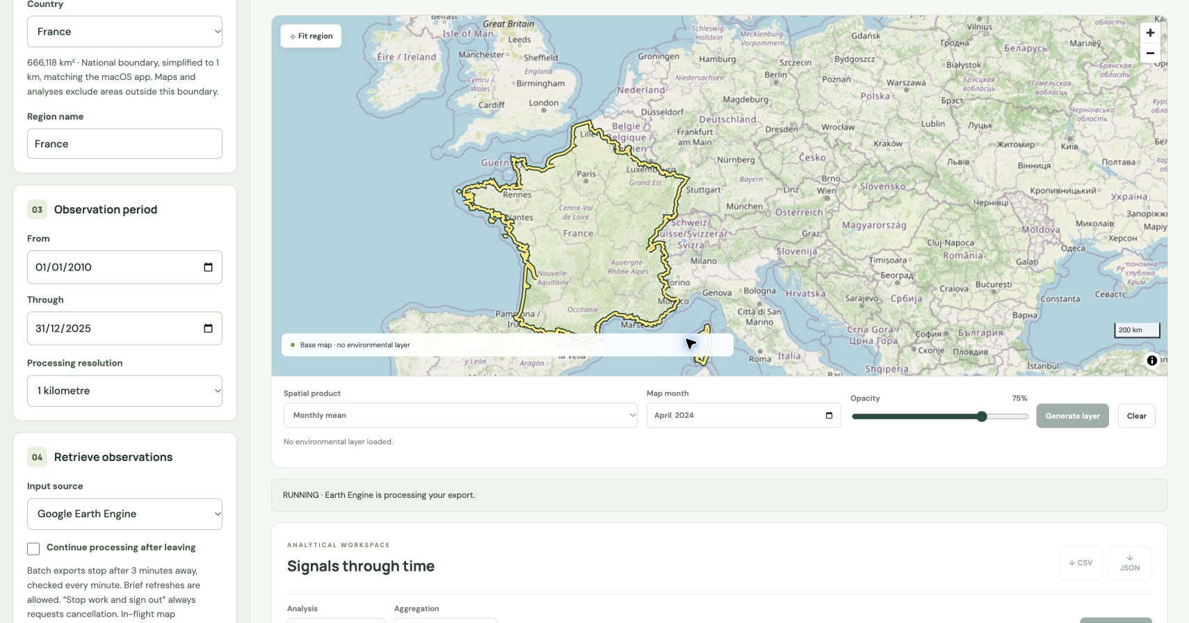 France selected, RUNNING status, disabled result downloads and an empty analytical workspace.