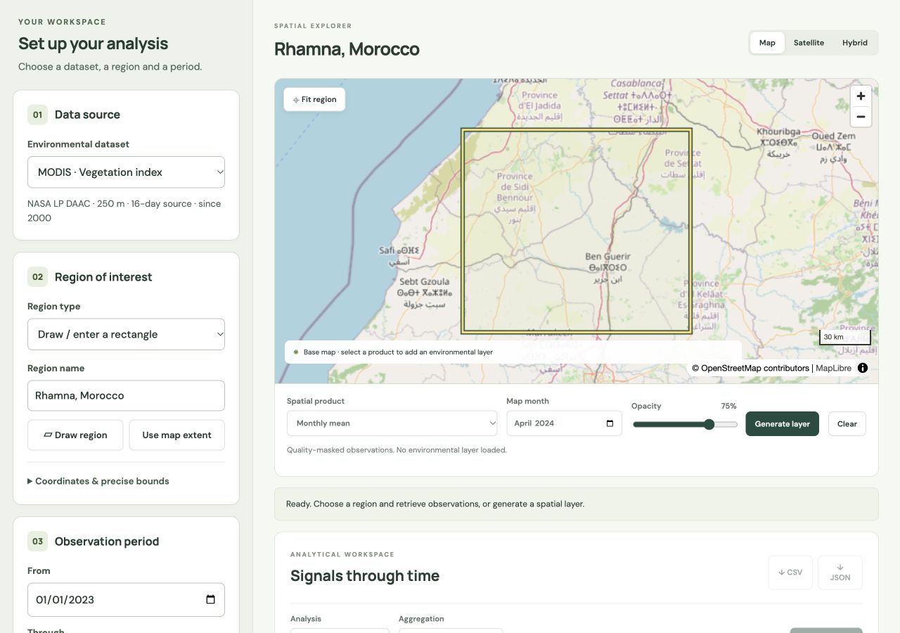 GeoExplorer with source and ROI controls at left and the map at right.